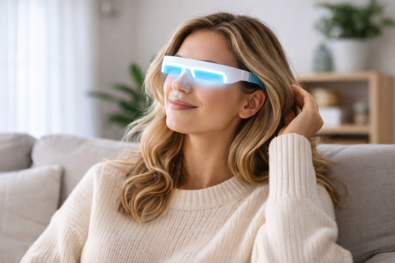 Femme souriante portant des lunettes lumineuses, assise sur un canapé.