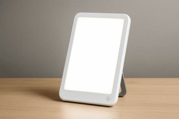 Lampe lumineuse blanche posée sur une table en bois.