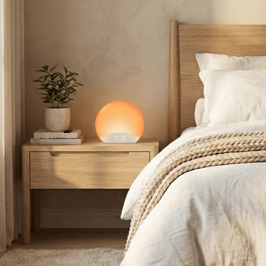 Lampe orange douce sur une table de chevet à côté d'un lit avec une tête de lit en bois.