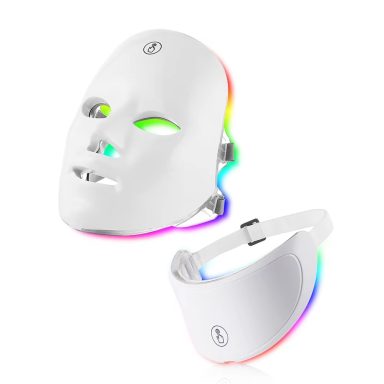 Masque de soin du visage blanc avec lumières LED multicolores et bandeau assorti.